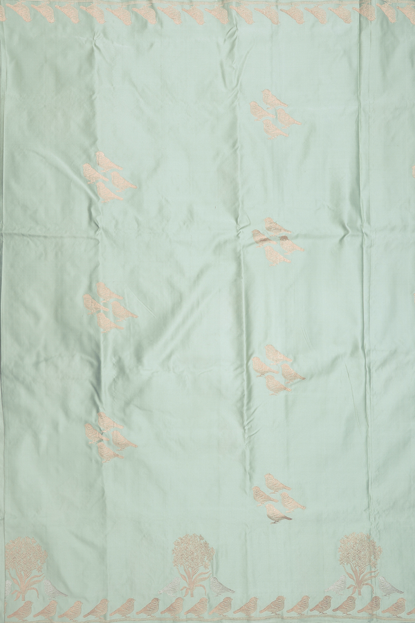 Banarasi Silk Saree In Sage Green With Birds Buttas