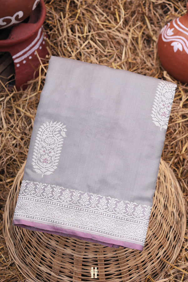 Banarasi Silk Saree In Grey With Threadwork Motifs