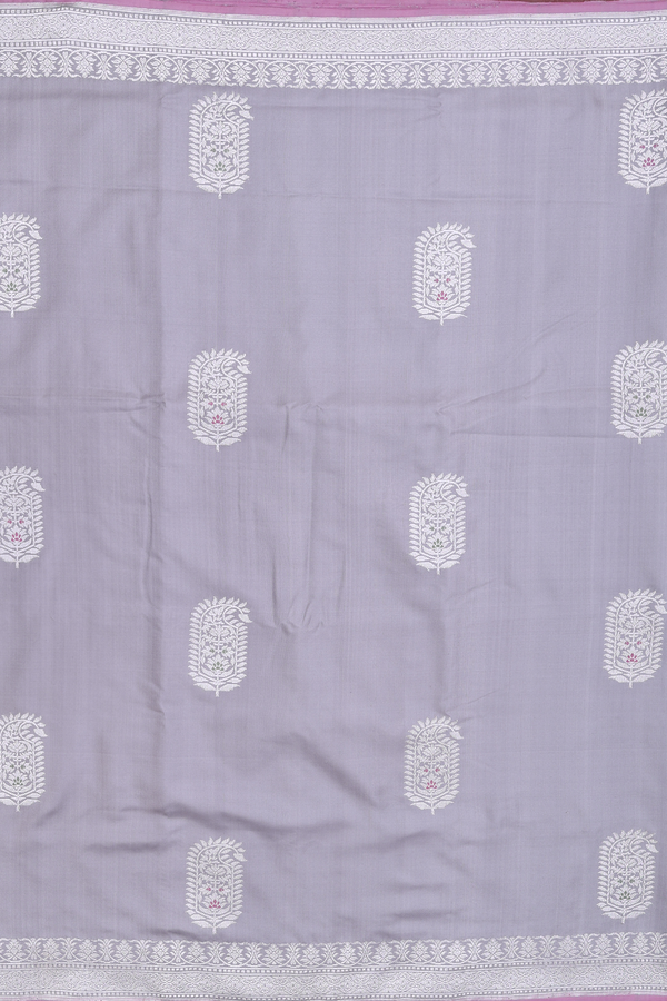 Banarasi Silk Saree In Grey With Threadwork Motifs