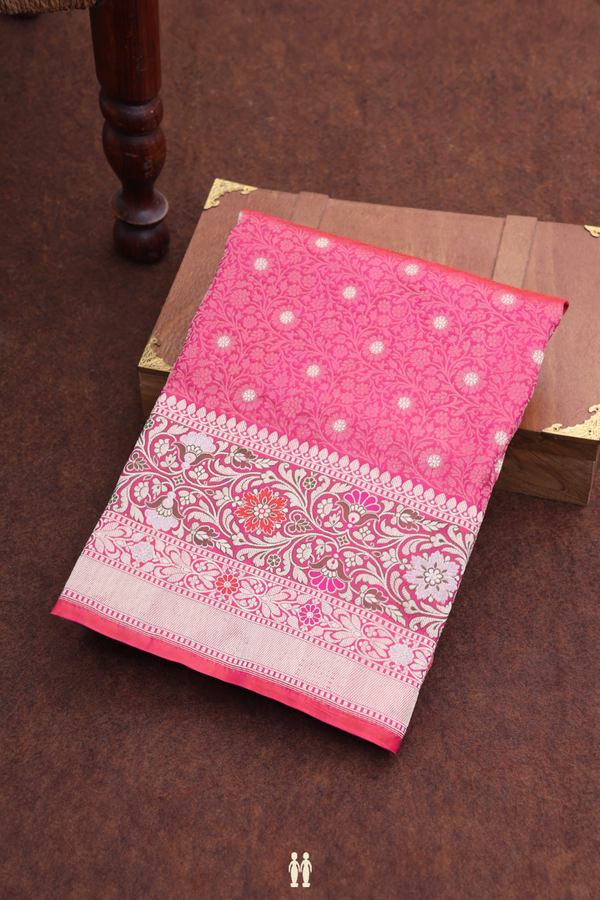 Banarasi Silk Saree In Pink With Floral Design