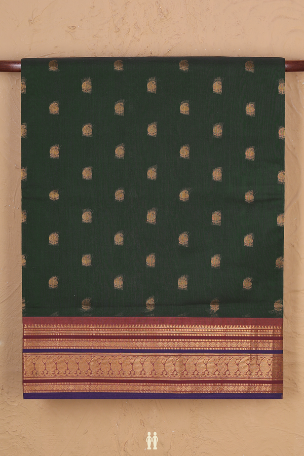 Venkatagiri Cotton Saree In Dark Green With Paisley Buttas