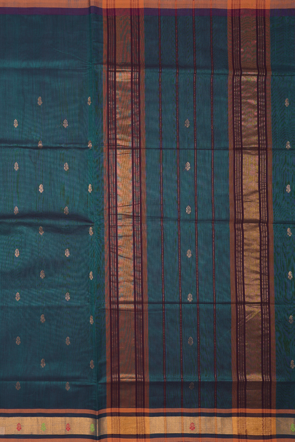 Venkatagiri Cotton Saree Midnight Green With Zari Buttas