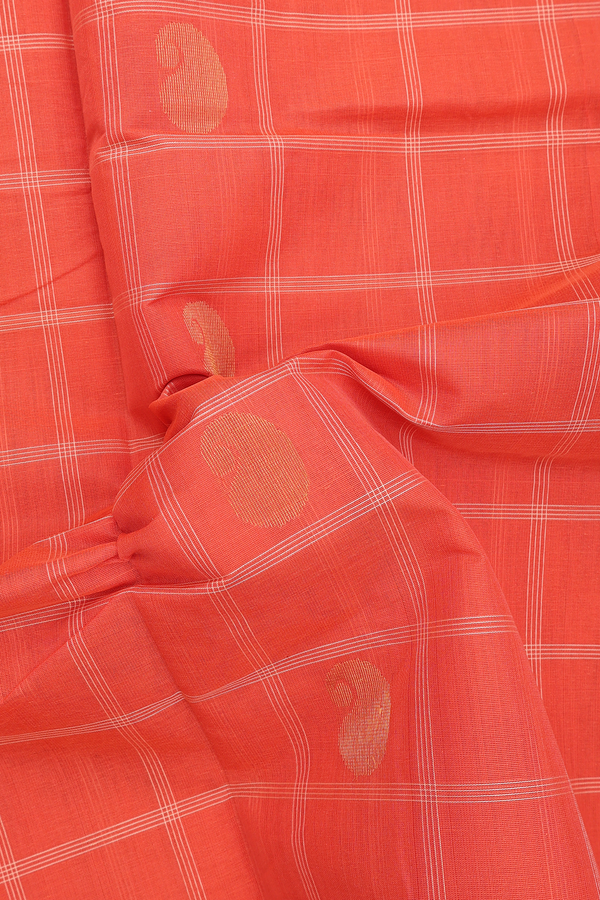 Venkatagiri Cotton Saree In Orange Along Checks With Buttas