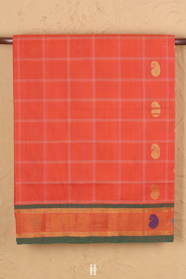 Venkatagiri Cotton Saree In Orange Along Checks With Buttas