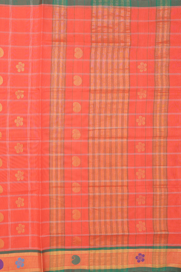 Venkatagiri Cotton Saree In Orange Along Checks With Buttas