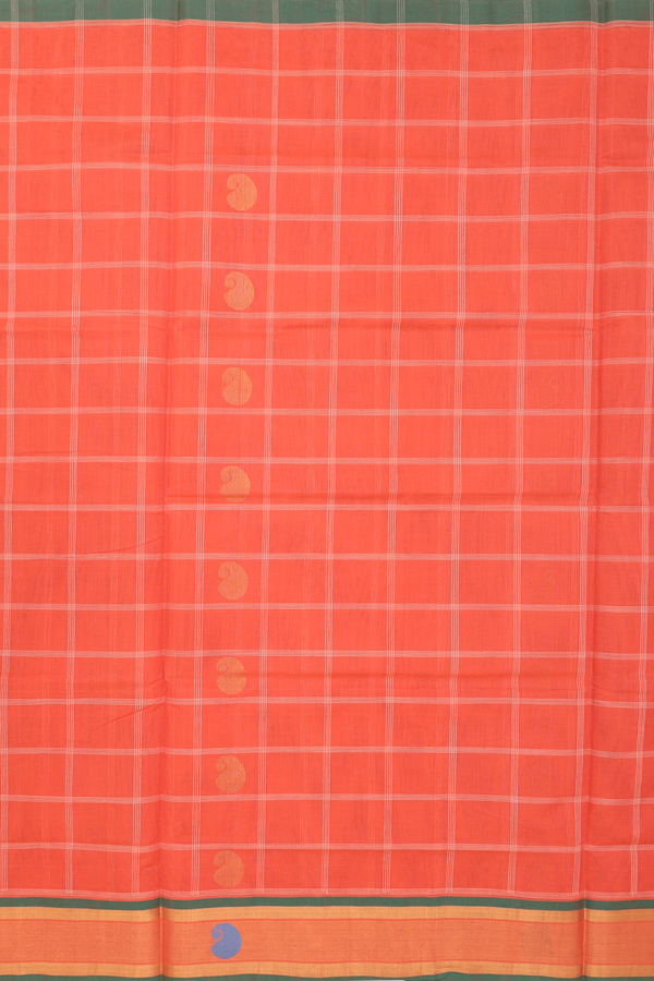 Venkatagiri Cotton Saree In Orange Along Checks With Buttas