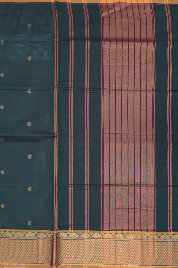 Venkatagiri Cotton Saree In Forest Green With Zari Buttas
