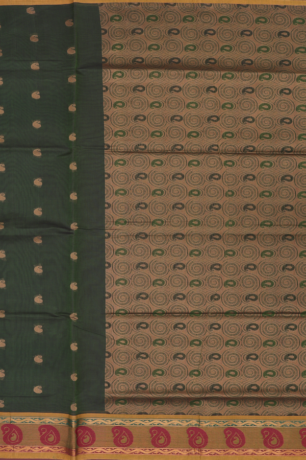 Venkatagiri Cotton Saree In Olive Green With Paisley Buttas