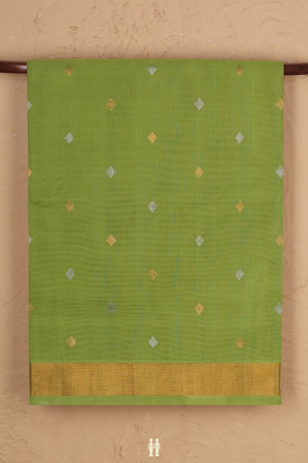 Venkatagiri Cotton Saree In Parrot Green With Zari Buttas