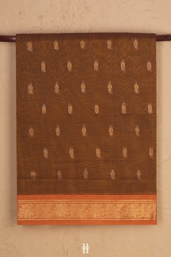 Venkatagiri Cotton Saree In Golden Brown With Zari Buttas