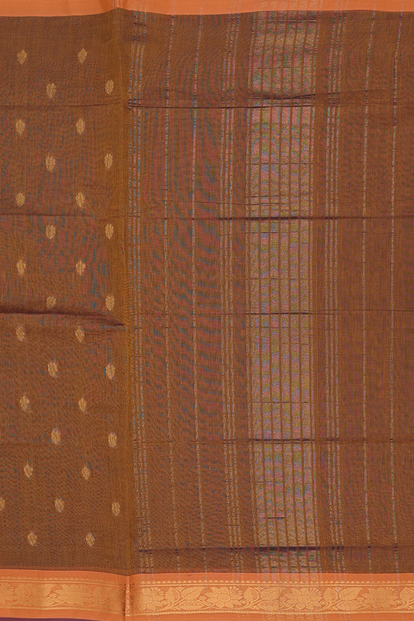 Venkatagiri Cotton Saree In Golden Brown With Zari Buttas