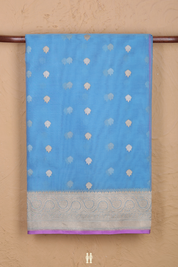 Organza Banarasi Silk Saree In Light Blue With Floral Buttas