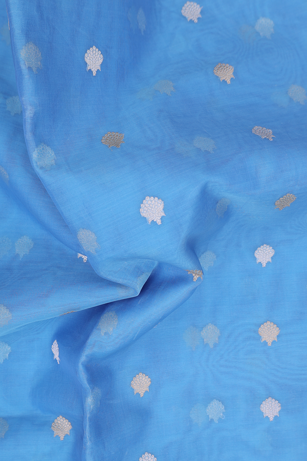 Organza Banarasi Silk Saree In Light Blue With Floral Buttas