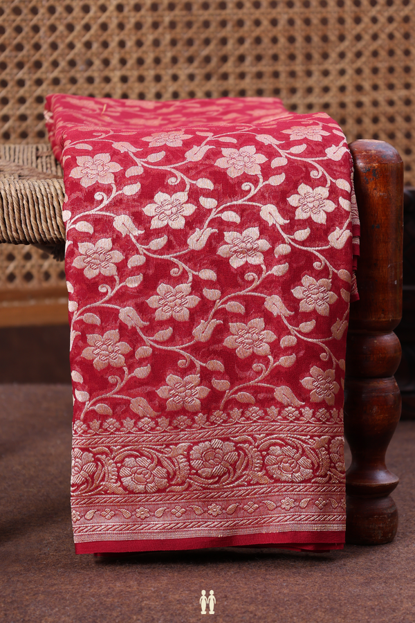 Georgette Banarasi Silk Saree In Red With Floral Design