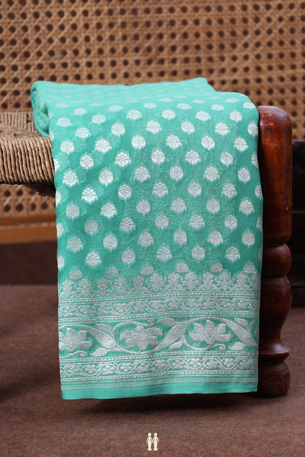 Georgette Banarasi Silk Saree In Green With Floral Buttas