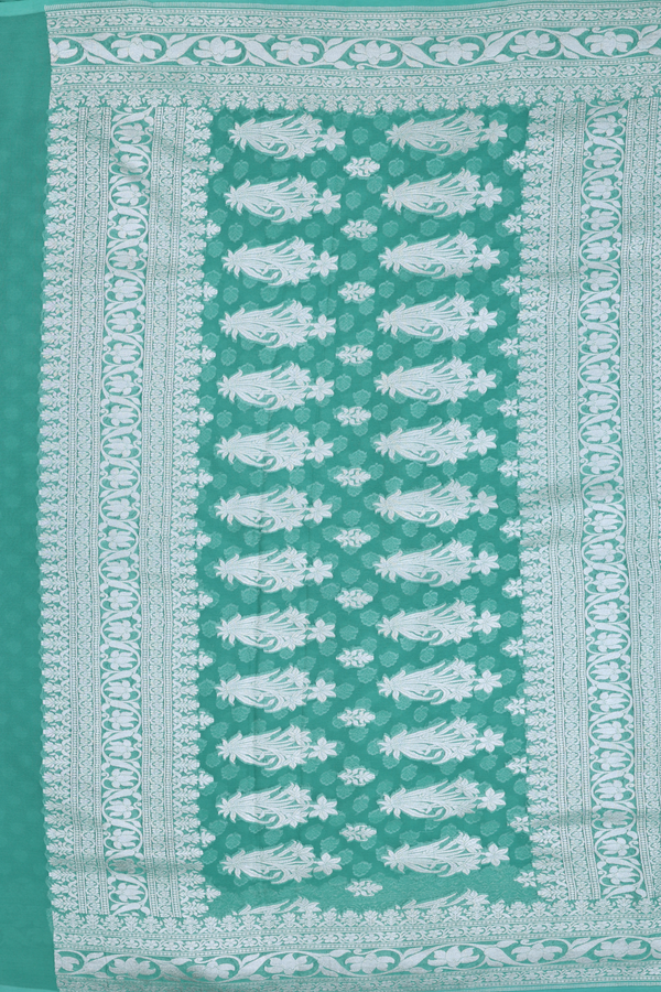 Georgette Banarasi Silk Saree In Green With Floral Buttas