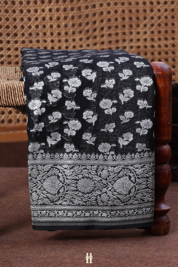 Georgette Banarasi Silk Saree In Black With Floral Buttas