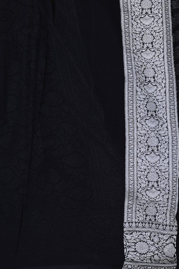 Georgette Banarasi Silk Saree In Black With Floral Buttas
