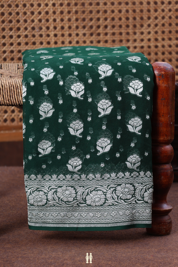 Georgette Banarasi Silk Saree In Green With Floral Buttas