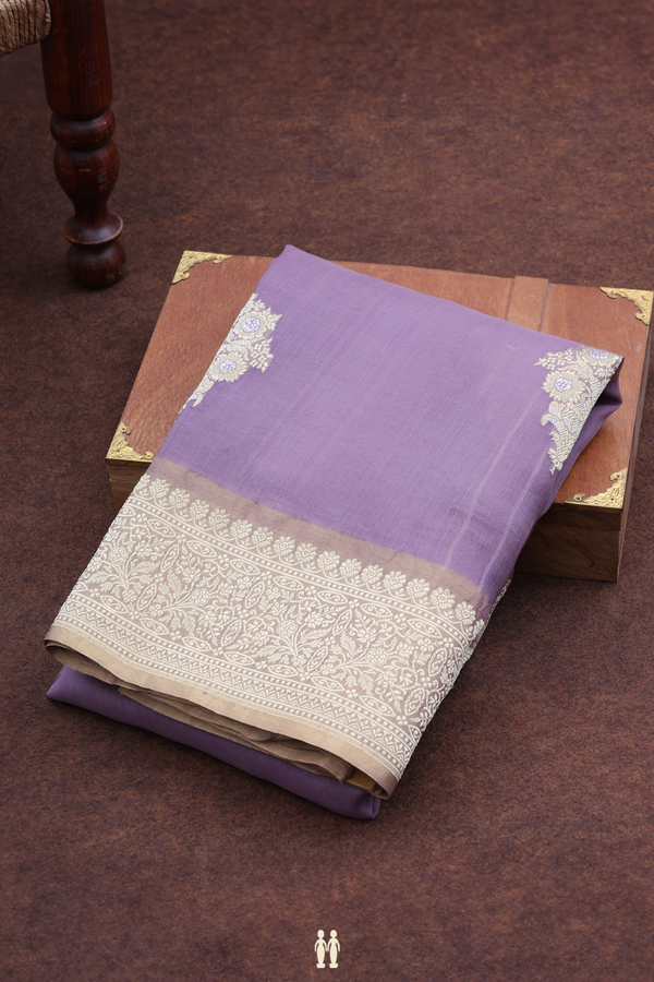 Organza Banarasi Silk Saree In Dusty Lavender With Floral Motifs
