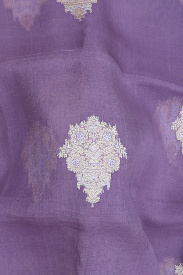 Organza Banarasi Silk Saree In Dusty Lavender With Floral Motifs
