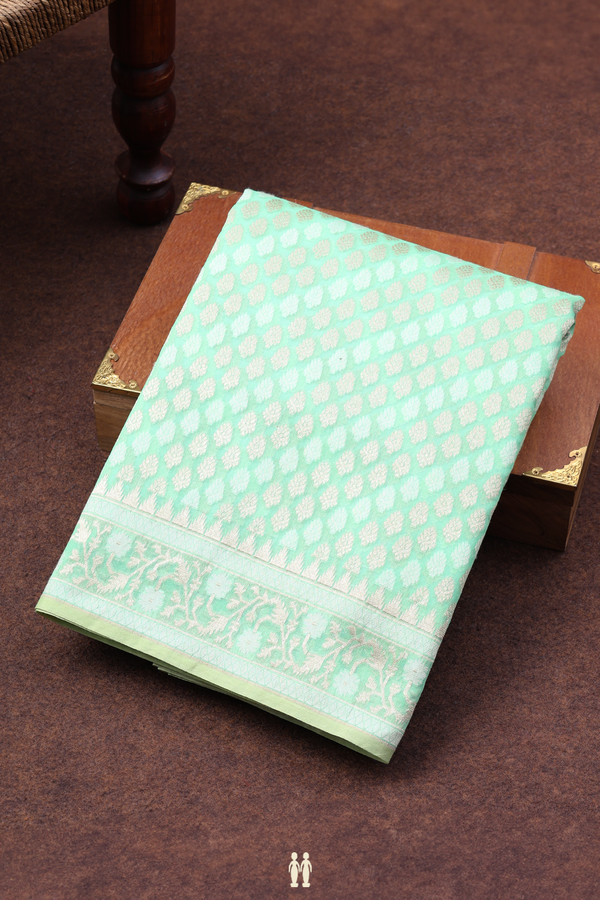 Kora Banarasi Silk Saree In Mint Green With Zari Buttas