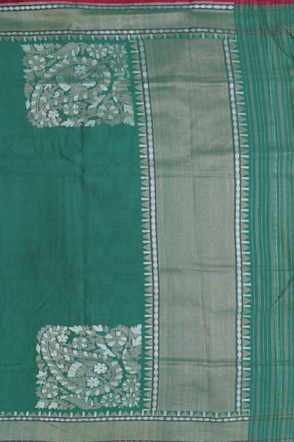 Linen Banarasi Silk Saree In Green With Zari Border