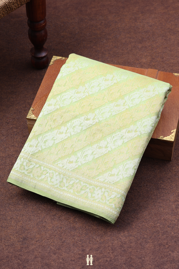 Kora Banarasi Silk Saree In Green With Diagonal Design