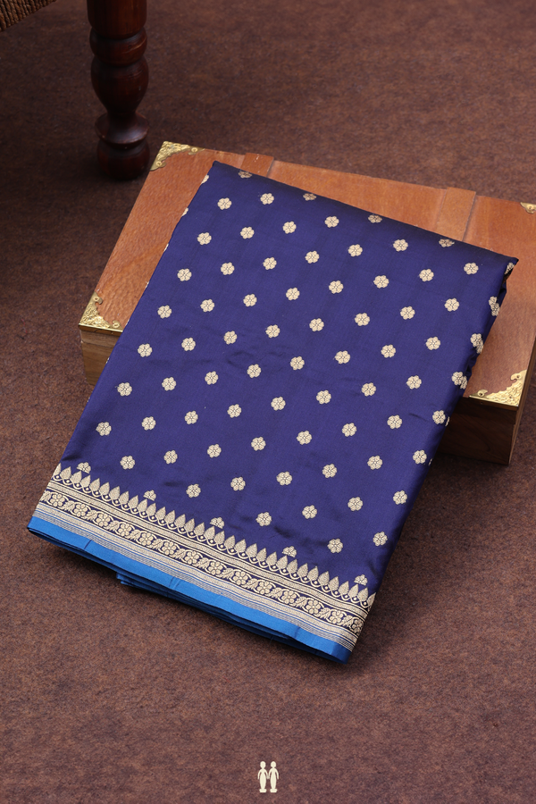Banarasi Silk Saree In Navy Blue With Floral Buttas