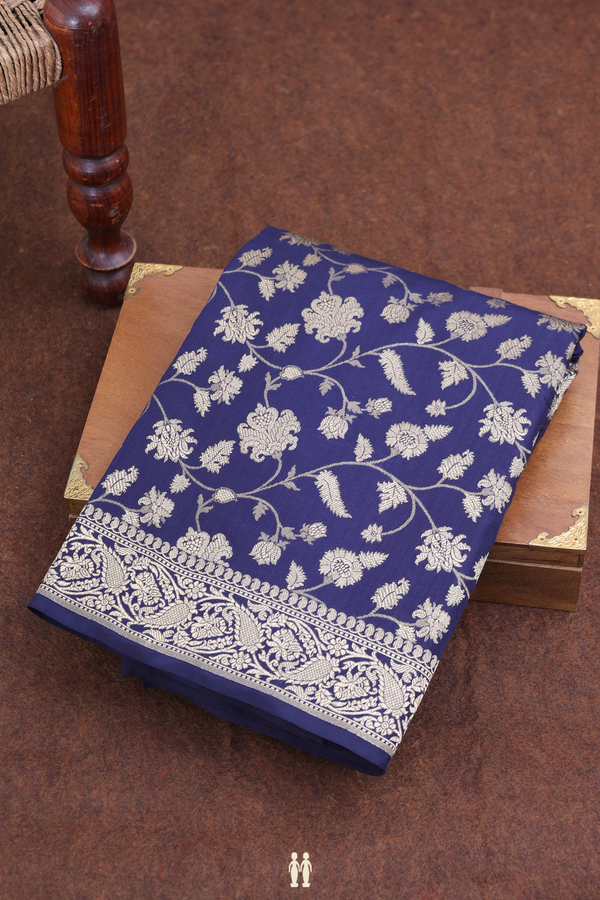 Banarasi Silk Saree In Navy Blue With Floral Design