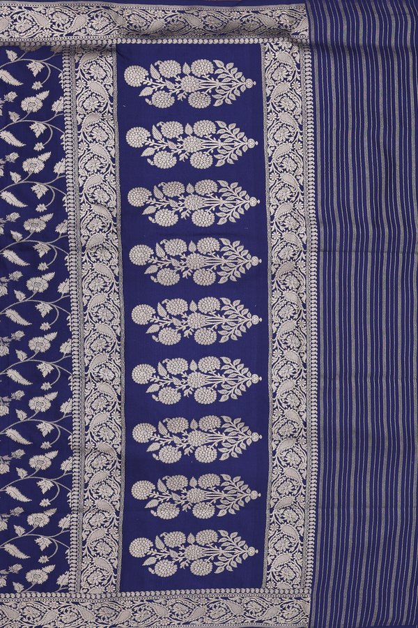 Banarasi Silk Saree In Navy Blue With Floral Design