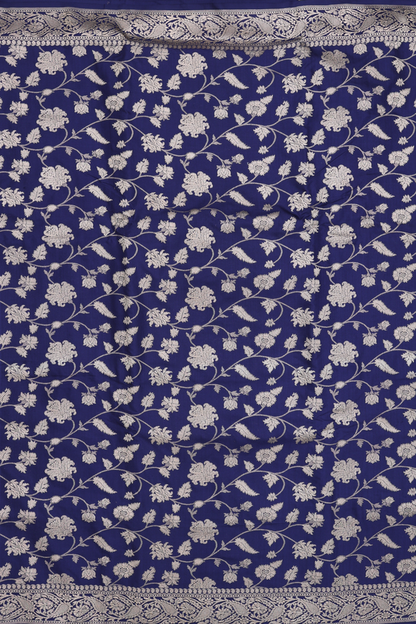 Banarasi Silk Saree In Navy Blue With Floral Design