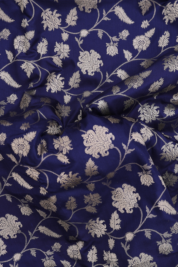 Banarasi Silk Saree In Navy Blue With Floral Design