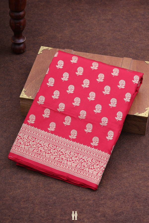 Banarasi Silk Saree In Scarlet Red With Floral Buttas