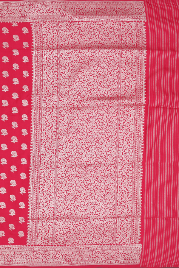 Banarasi Silk Saree In Scarlet Red With Floral Buttas