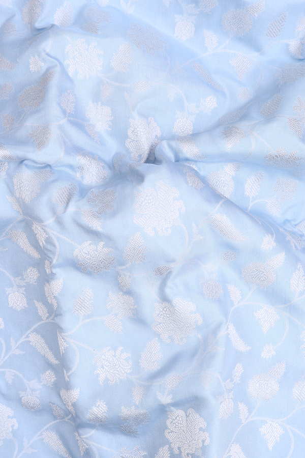 Banarasi Silk Saree In Powder Blue With Floral Design