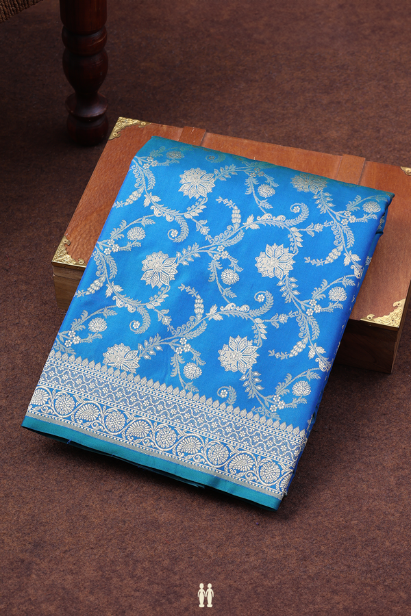 Banarasi Silk Saree In Cerulean Blue With Floral Design