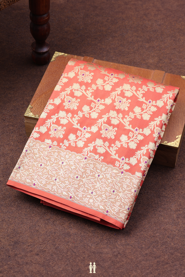 Banarasi Silk Saree In Orange With Floral Design
