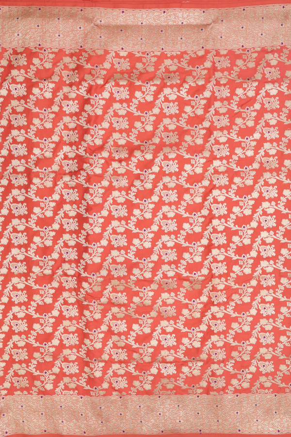 Banarasi Silk Saree In Orange With Floral Design