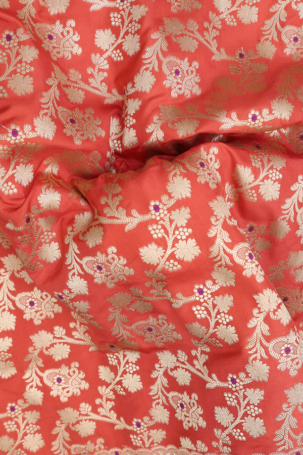 Banarasi Silk Saree In Orange With Floral Design