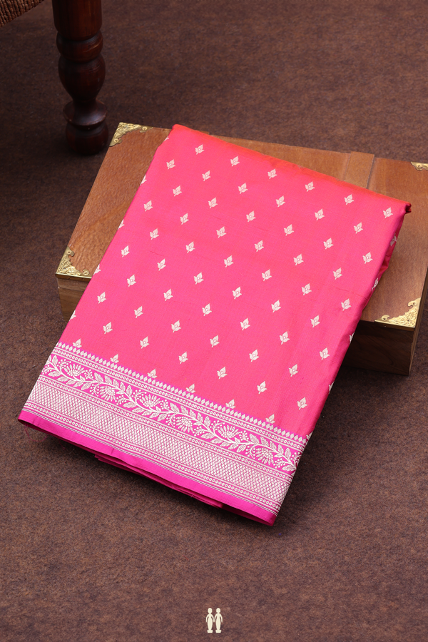 Banarasi Silk Saree In Rani Pink With Floral Buttas