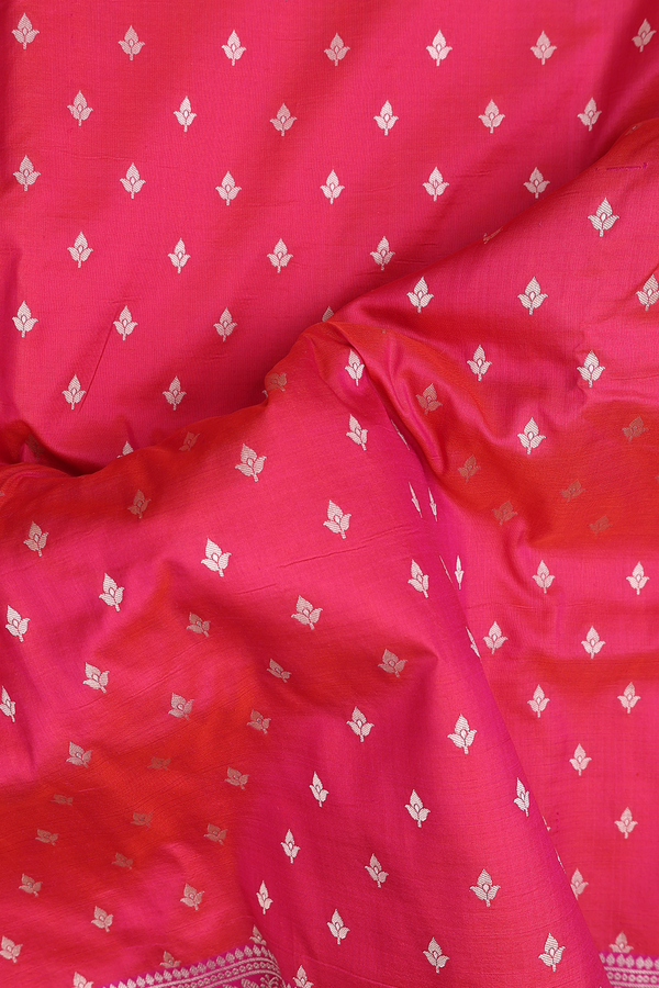 Banarasi Silk Saree In Rani Pink With Floral Buttas