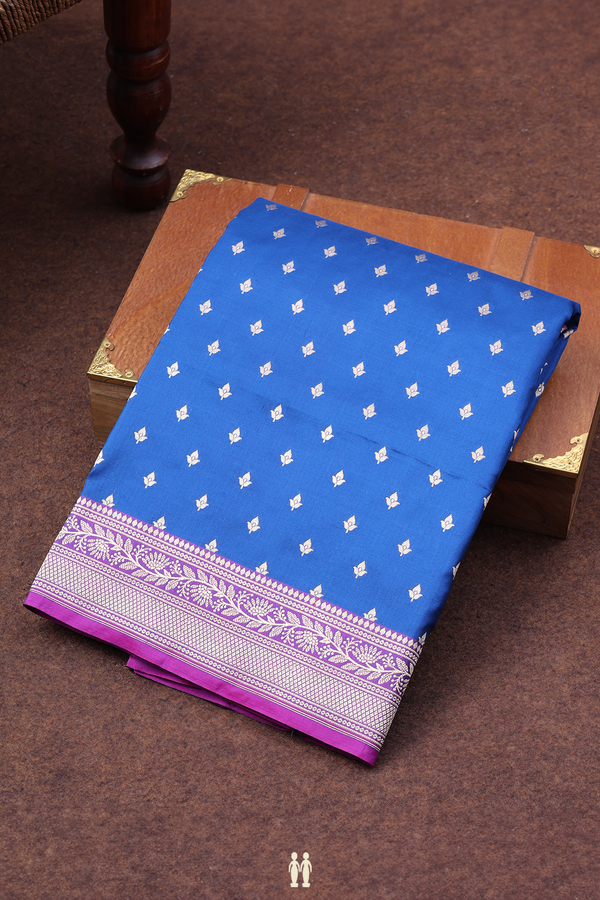 Banarasi Silk Saree In Cobalt Blue With Floral Buttis