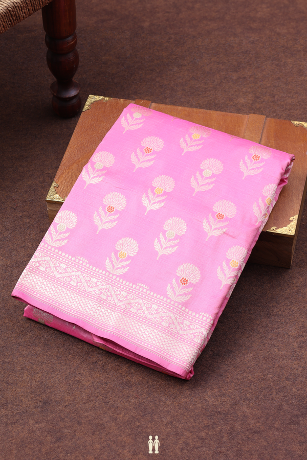 Banarasi Silk Saree In Lotus Pink With Floral Buttas