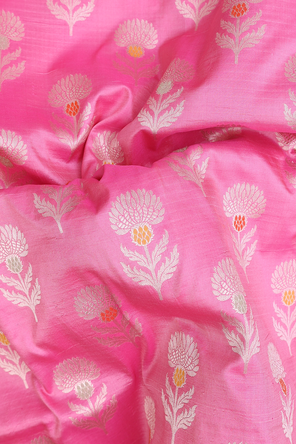 Banarasi Silk Saree In Lotus Pink With Floral Buttas