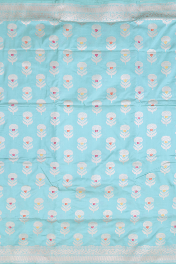 Banarasi Silk Saree In Tiffany Blue With Floral Buttas