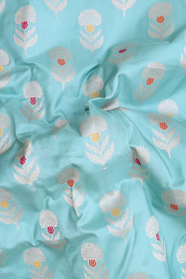 Banarasi Silk Saree In Tiffany Blue With Floral Buttas