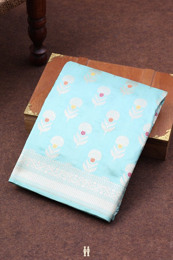 Banarasi Silk Saree In Tiffany Blue With Floral Buttas