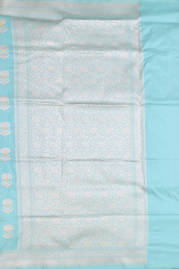 Banarasi Silk Saree In Tiffany Blue With Floral Buttas