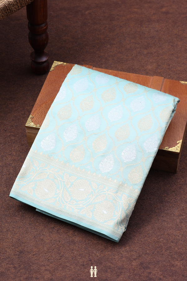 Banarasi Silk Saree In Tiffany Blue With Ogee Design
